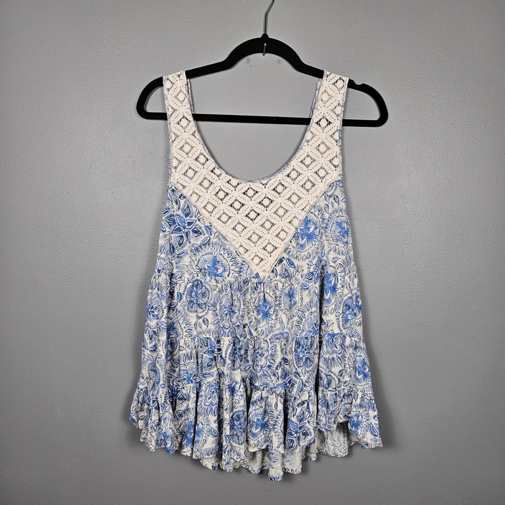 Free People Women's L Tank Top Linen Cotton Floral Lace Ruffle Boho Blue White